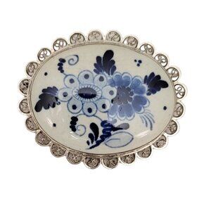 Delft Holland Porcelain Silver Filigree Oval Floral Pin Brooch, Signed